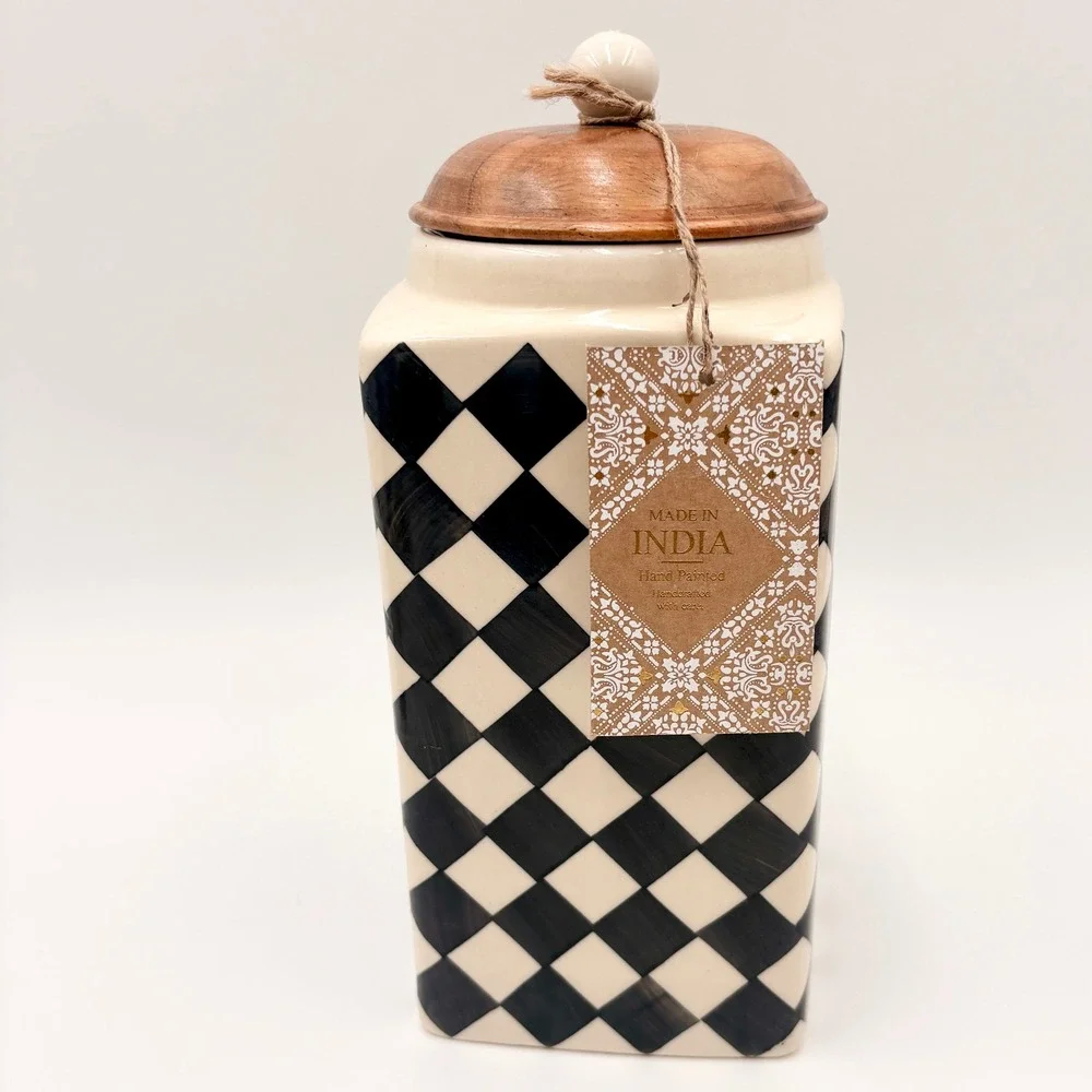 Hand Painted Black White Checkered Ceramic Canister with Wood Lid and Spoon
